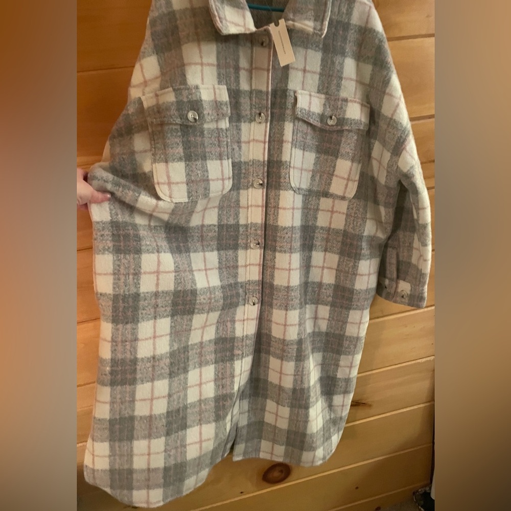 Anthropologie If By Sea Bobbie Plaid Oversized Pink and grey XL Jacket/ Coat NWT - Picture 5 of 11